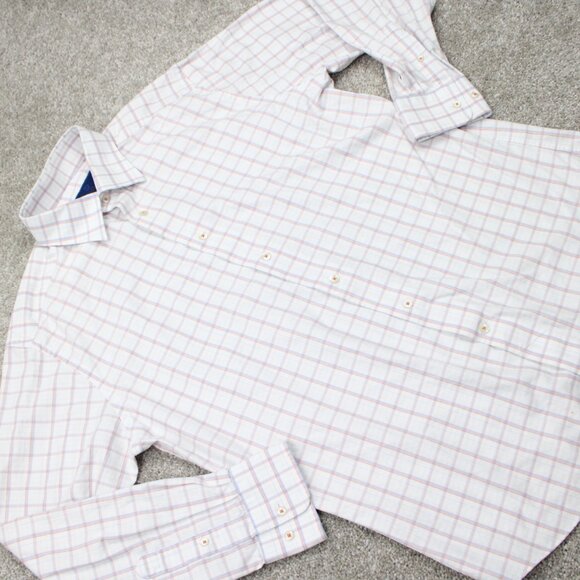David Donahue Men's Dress Shirt - White with Blue and Red Plaid - Picture 8 of 14